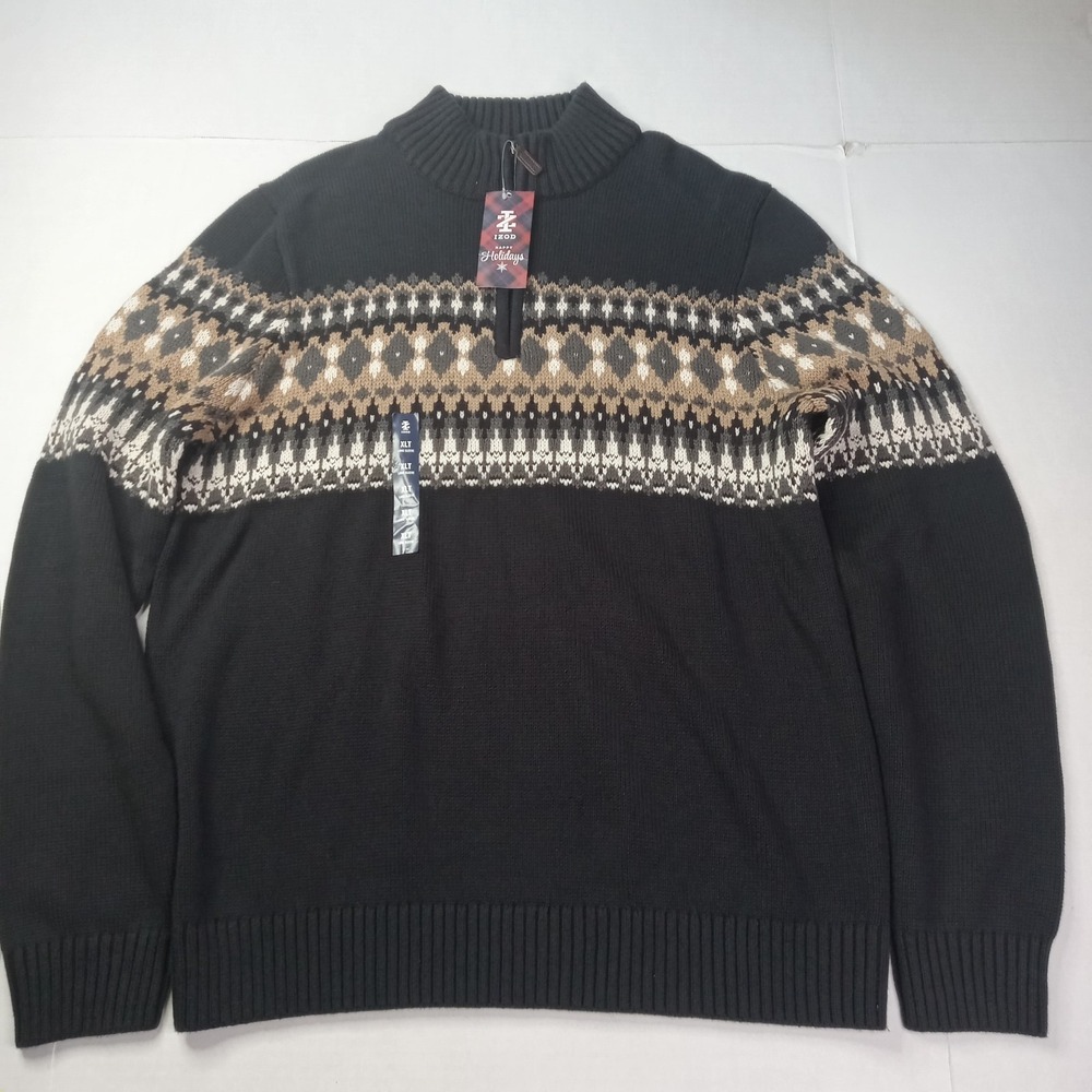 IZOD 1/4 Zip Sweater Men's XLT Black Knit Mock Neck Stretch Soft Casual NWT